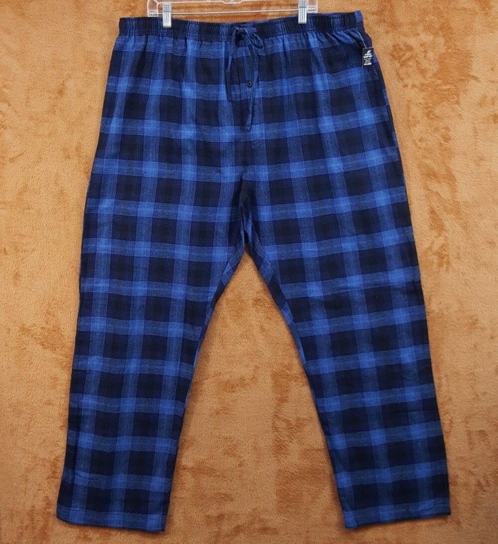 HANES Pajama Pants Mens XXL Blue Flannel Plaid Check Drawstring Pockets Sleep